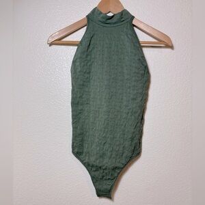 Free People Clear Mind Pointelle Mockneck Bodysuit in Military Green Size XS/S